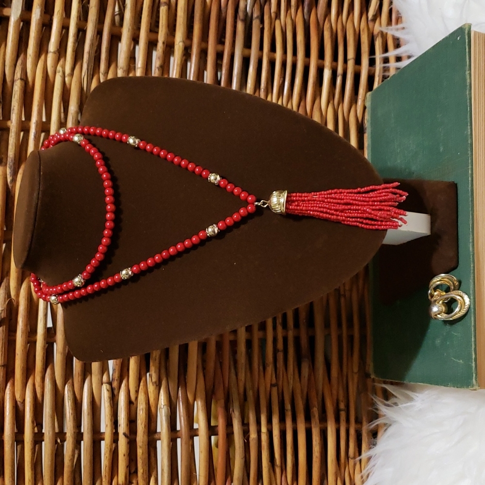 Red Beaded Necklace and Earrings